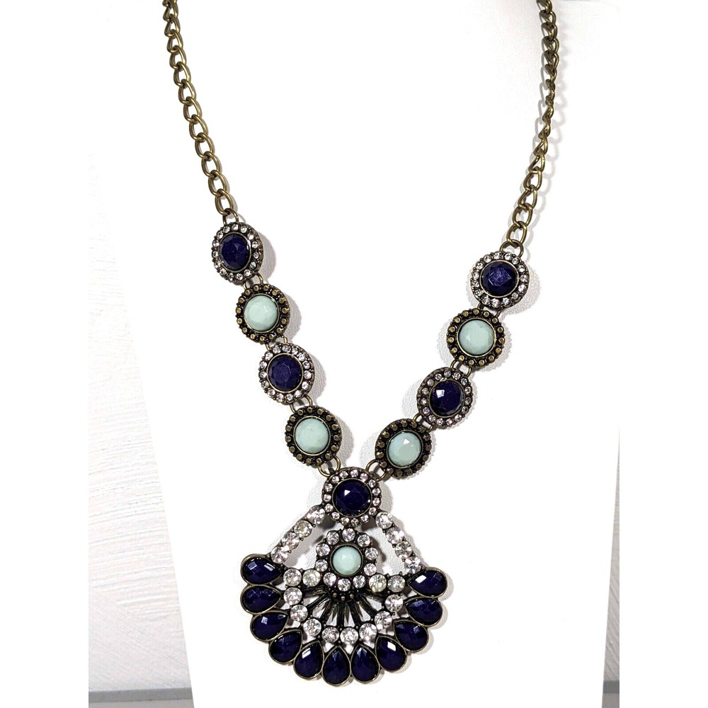 Bronze Tone Purple Green Crystal Round Fanโ Statement Necklace 19 inches